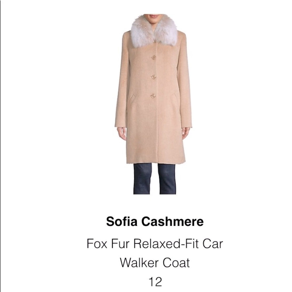 Brand new cashmere coat with removable Fure collar, size 12, beige color